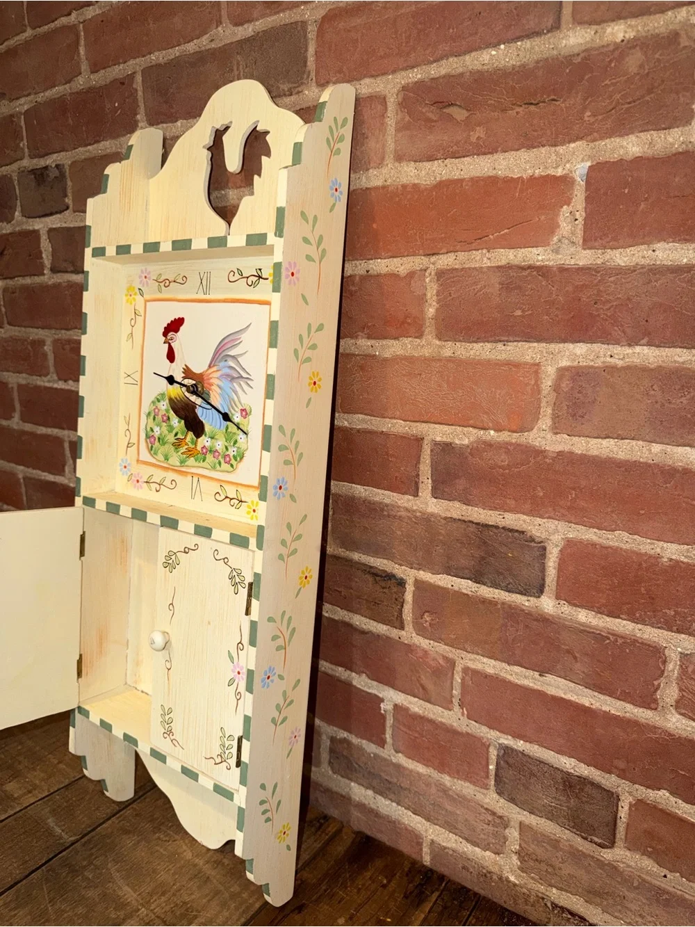 Hand-Painted Rooster Wall Clock Cabinet Decor Farmhouse Cream & Pastel Accent